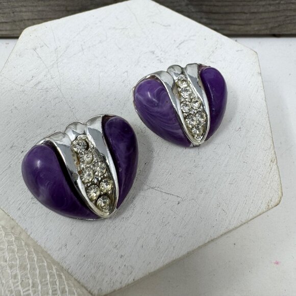 Vintage Purple Rhinestone Clip-On Earrings Silver-Tone Metal Triangle Shape - Picture 5 of 6